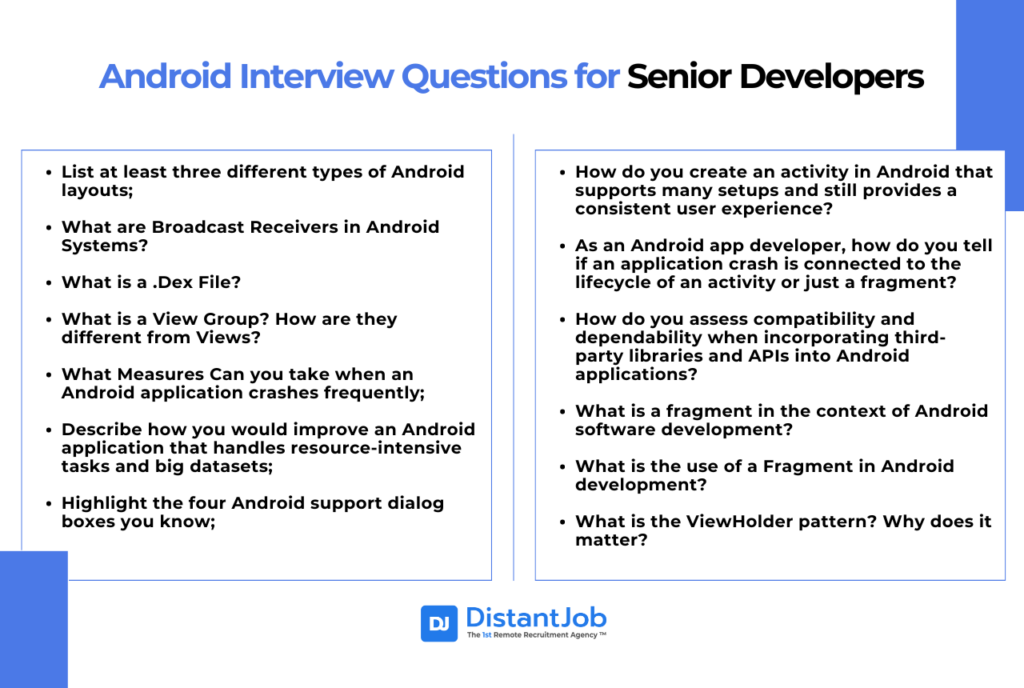 13 Android Interview Questions for Senior Developers including types of Android layouts, Broadcast Receivers, .Dex file, View Group, Views, etc.