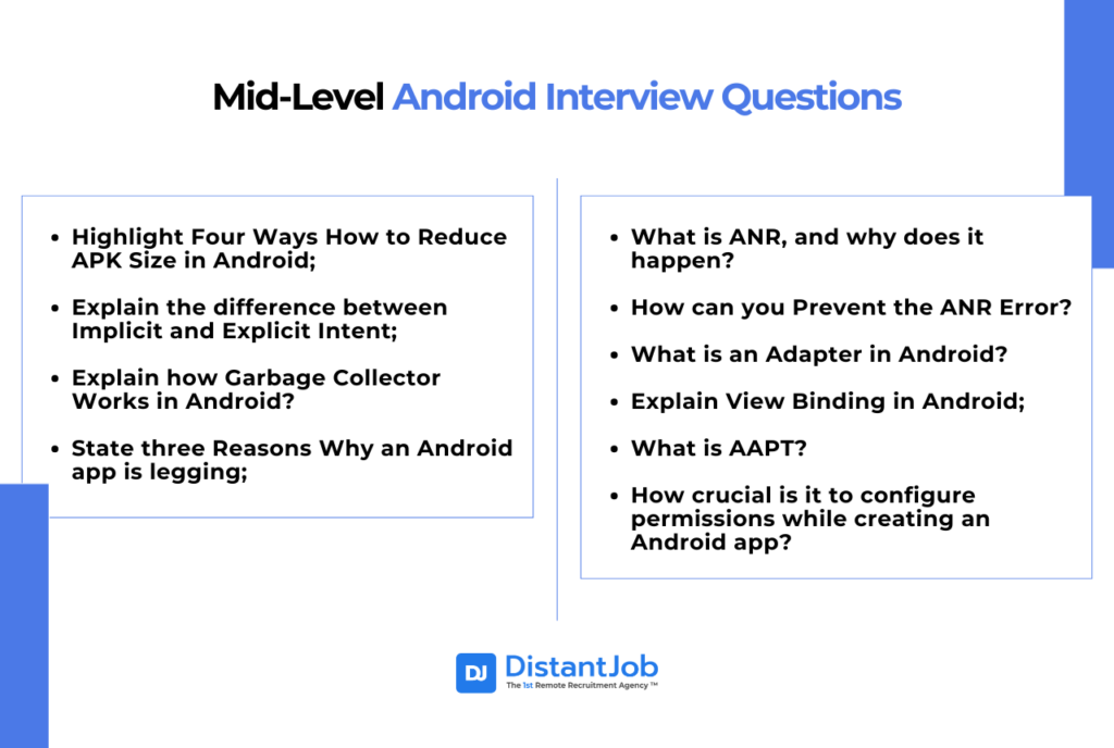 17 Mid-Level Android Interview Questions including How to Reduce APK Size, Implicit and Explicit Intent, Garbage Collector, ANR, etc.