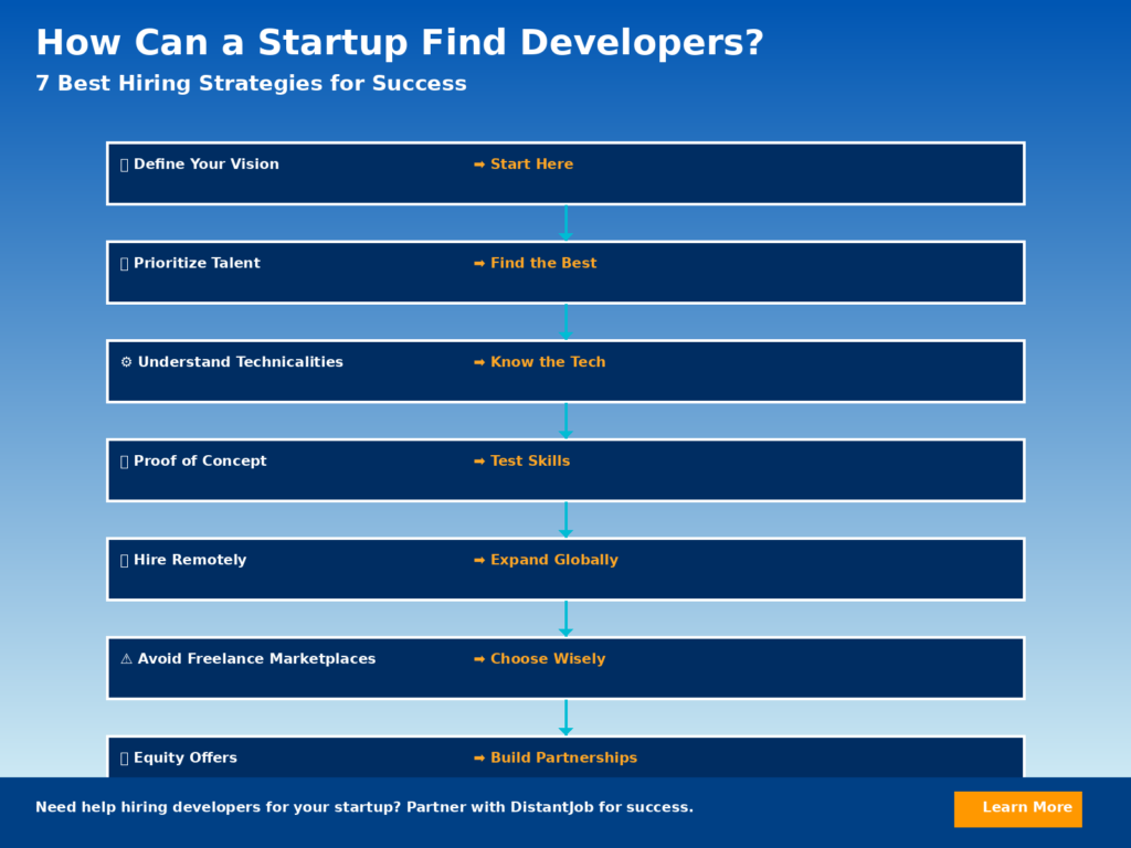 Representations of  best hiring strategies for startups, including steps like defining your vision, prioritizing talent, understanding technicalities, using proof of concept, hiring remotely, avoiding freelance marketplaces, and offering equity