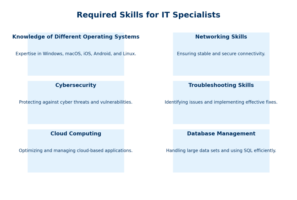 Infographic illustrating essential IT specialist skills when looking to hire one such as:  knowledge of different operating systems, networking skills, cybersecurity, troubleshooting, cloud computing, and database management, with descriptive titles and taglines.