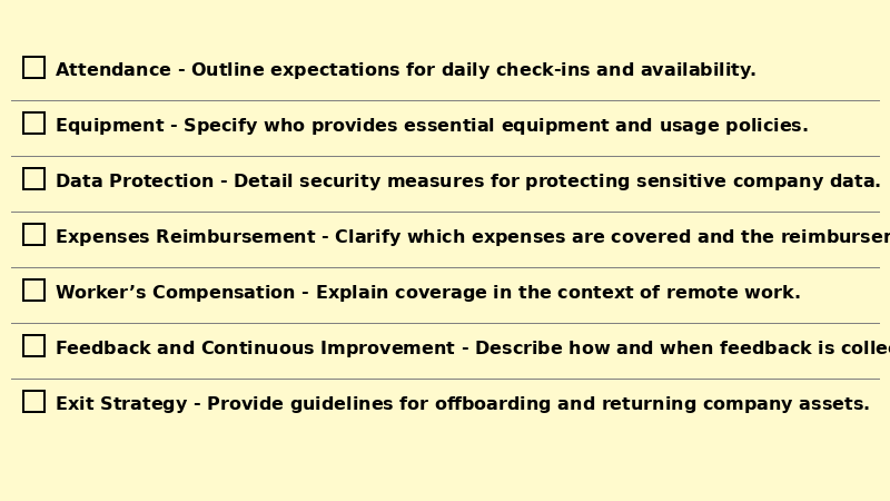 Remote work policy checklist with checkboxes for attendance, equipment, data protection, expense reimbursement, worker's compensation, feedback, and exit strategy.