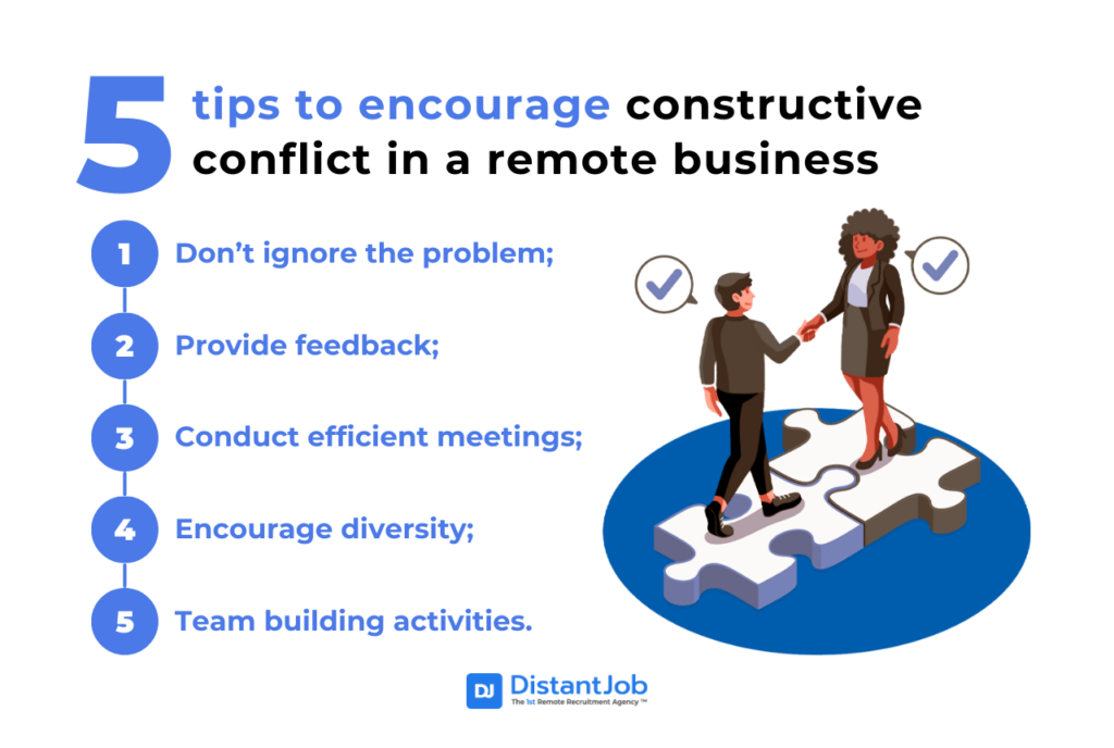 a list of five tips to encourage constructive conflict in a business remotely