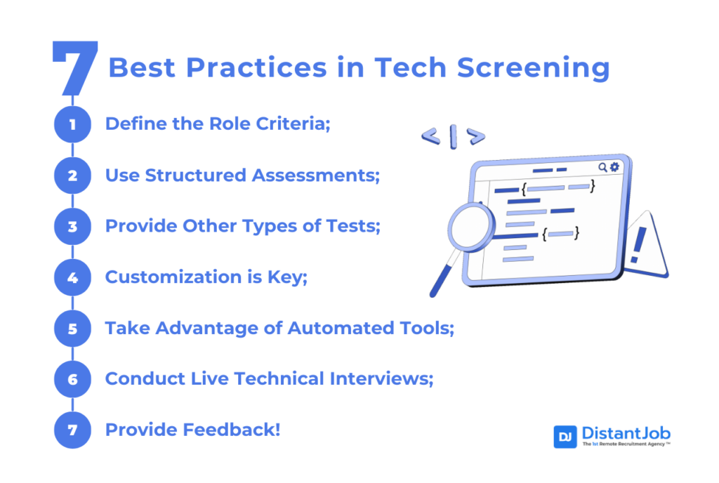 7 Best Practices in Tech Screening including role criteria, structured assessments, other types of tests, customization, automated tools, live technical interviews, and feedback