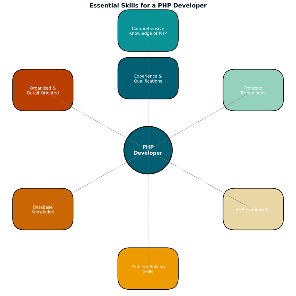 Infographic illustrating essential skills for a PHP developer, featuring a central node labeled 'PHP Developer' surrounded by skill bubbles: Comprehensive PHP Knowledge, Frontend Technologies, PHP Frameworks, Problem-Solving Skills, Database Knowledge, Organized and Detail-Oriented, and Experience & Qualifications.