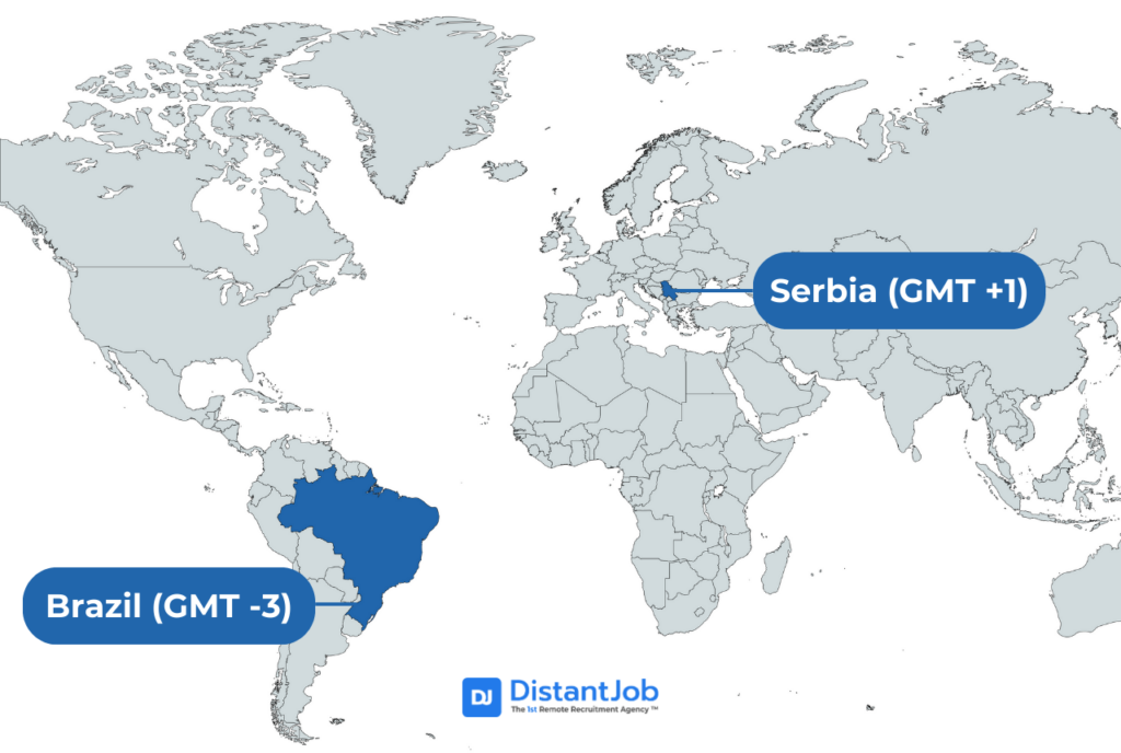 worldmap showing a developer working in Serbia (GMT +1) and a developer working in Brazil (GMT -3) to show time zone disalignment and asynchronous work